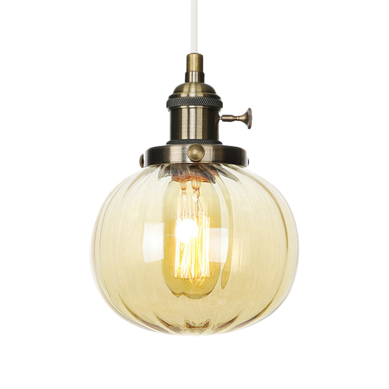 Vintage Style Amber/Clear Ridged Glass Pendant Light Fixture - 1 Adjustable Living Room Ceiling