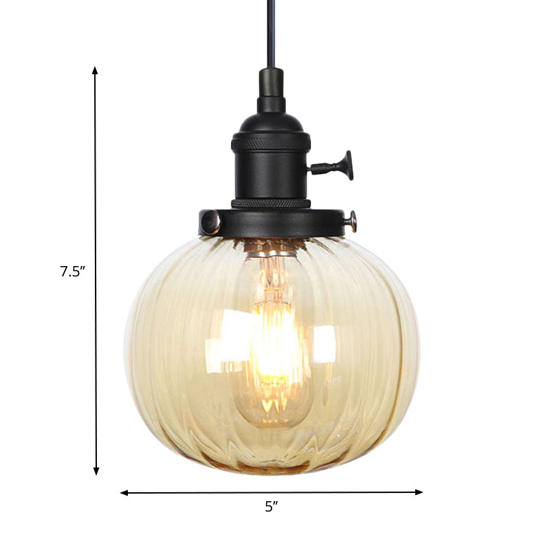 Vintage Style Amber/Clear Ridged Glass Pendant Light Fixture - 1 Adjustable Living Room Ceiling