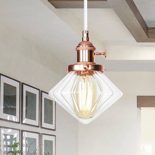 Adjustable Height Industrial Pendant Light With Diamond Glass Shade - Black/Bronze/Brass Finish