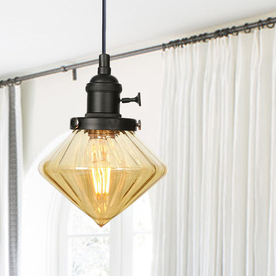 Adjustable Height Industrial Pendant Light With Diamond Glass Shade - Black/Bronze/Brass Finish