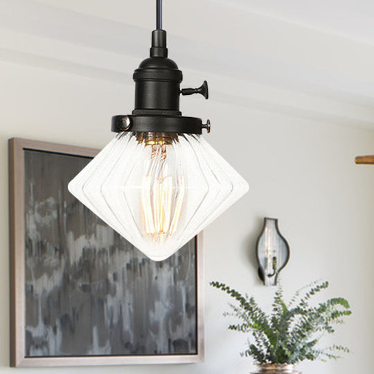 Adjustable Height Industrial Pendant Light With Diamond Glass Shade - Black/Bronze/Brass Finish