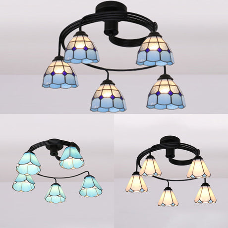 Tiffany Style Stained Glass Ceiling Light Fixture (3/5 Lights) - Semi Flush Mount In