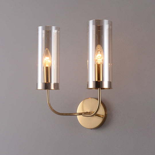 Retro Brass Sconce Wall Mount Lamp With Cylindrical Glass Shade 1/2 Light Fixture For Living Room 2