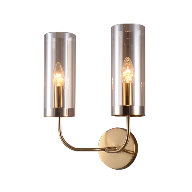 Retro Brass Sconce Wall Mount Lamp With Cylindrical Glass Shade 1/2 Light Fixture For Living Room