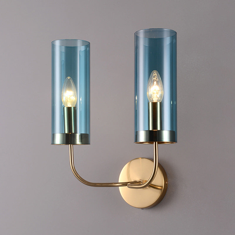 Retro Brass Sconce Wall Mount Lamp With Cylindrical Glass Shade 1/2 Light Fixture For Living Room 2