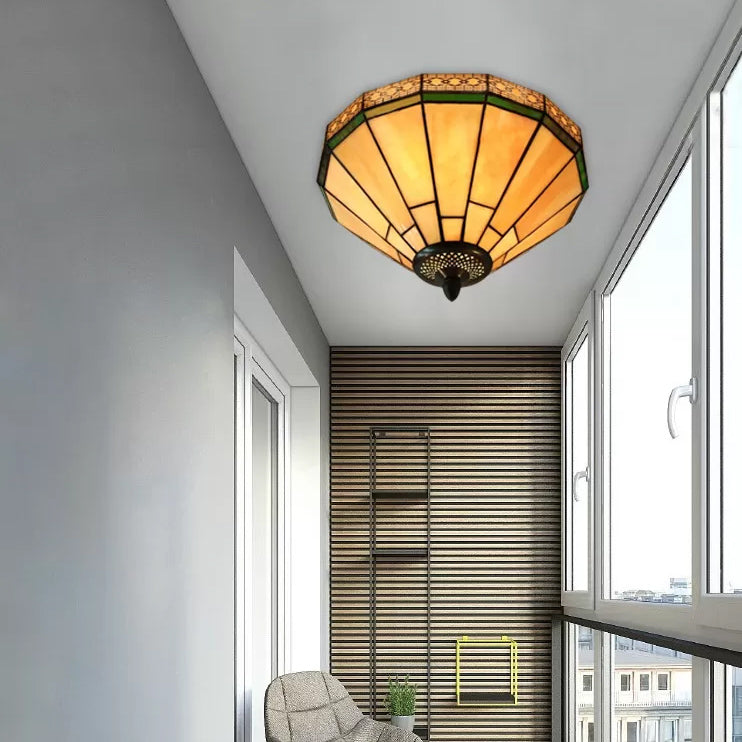 White Stained Glass Ceiling Light 2-Light Medium Flush Mount With Tiffany Style Cone Shade / 12.5