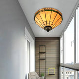 White Stained Glass Ceiling Light 2-Light Medium Flush Mount With Tiffany Style Cone Shade / 12.5