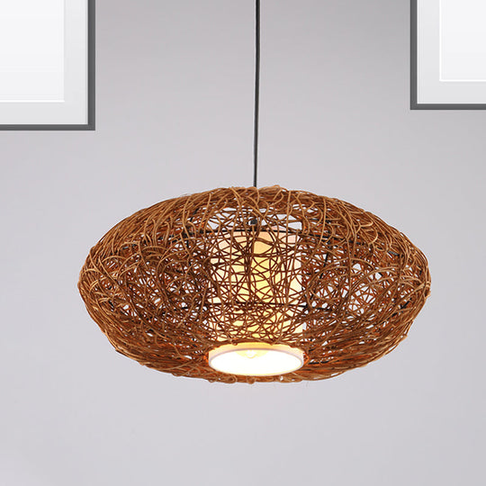 Retro Rattan Hanging Light With Woven Suspension - Brown 1 Bulb Perfect For Tearooms
