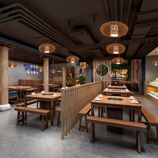 Retro Rattan Woven Pendant Light Kit For Tearoom With Brown Suspension And 1 Bulb