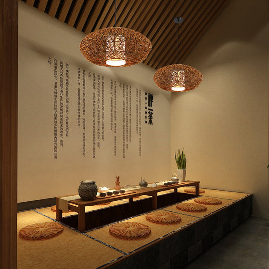 Retro Rattan Hanging Light With Woven Suspension - Brown 1 Bulb Perfect For Tearooms