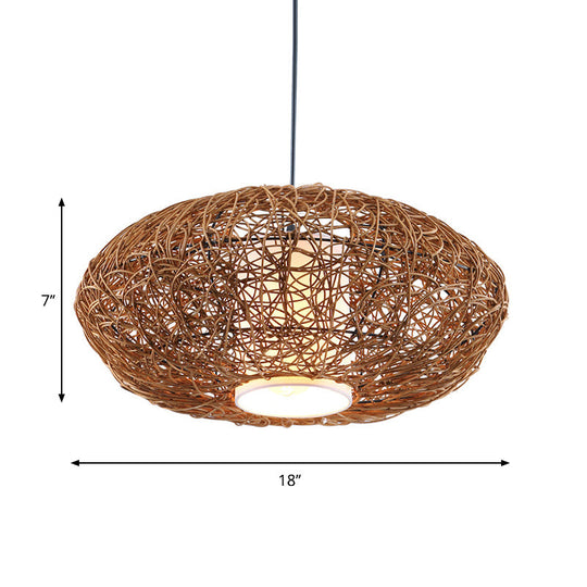 Retro Rattan Woven Pendant Light Kit For Tearoom With Brown Suspension And 1 Bulb