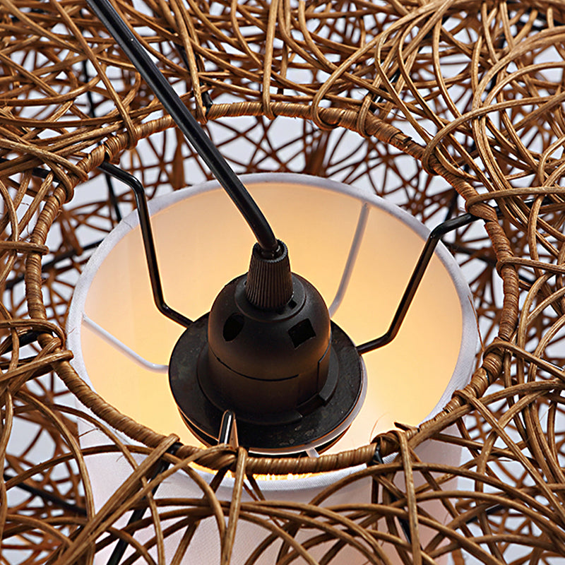 Retro Rattan Woven Pendant Light Kit For Tearoom With Brown Suspension And 1 Bulb