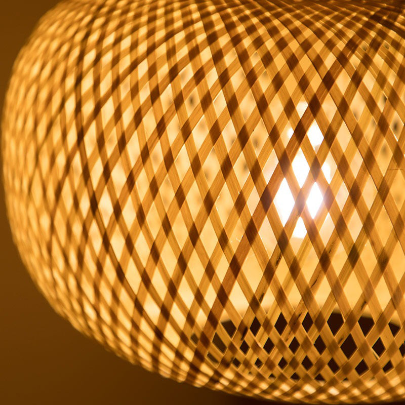 Modern 1-Bulb Wood Pendant Light Fixture With Bamboo Shade - Donut/Hat Hanging Design