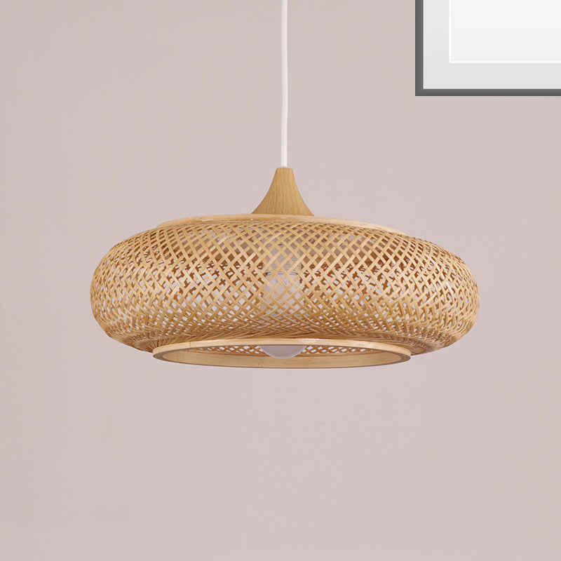 Modern 1-Bulb Wood Pendant Light Fixture With Bamboo Shade - Donut/Hat Hanging Design