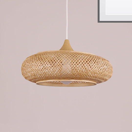 Modern 1-Bulb Wood Pendant Light Fixture With Bamboo Shade - Donut/Hat Hanging Design