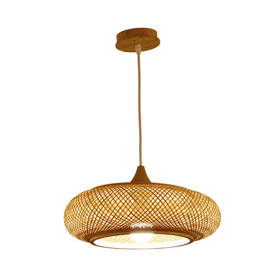Modern 1-Bulb Wood Pendant Light Fixture With Bamboo Shade - Donut/Hat Hanging Design