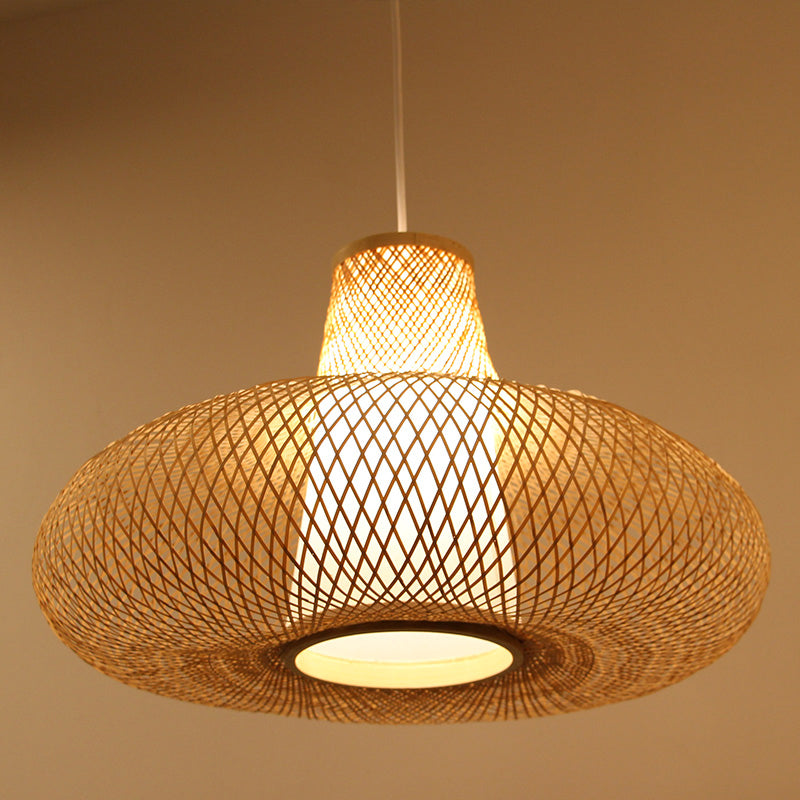 Bamboo Weave Pendant Light Kit With 1 Bulb - Contemporary Wood Hanging Lamp 16’/19.5’ Wide