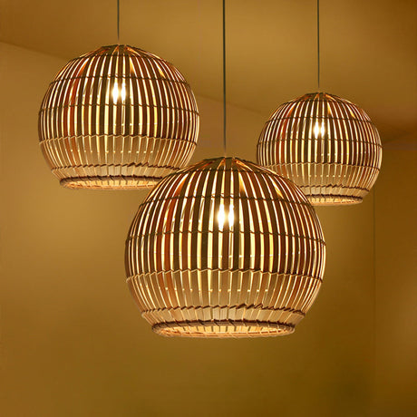 Traditional Bamboo Sphere Pendant Lighting: 1 Bulb Wood Hanging Lamp Kit (12/16/19.5 Wide)