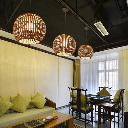 Bamboo Sphere Pendant Lighting Kit - 12’/16’/19.5’ Wide Wood Hanging Lamp With 1 Bulb