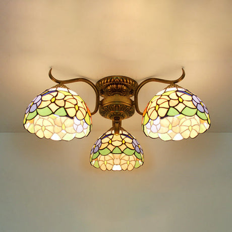 Stunning Tiffany Style Stained Glass Ceiling Light With Victorian Gem & Flower Design - 3 Semi Flush