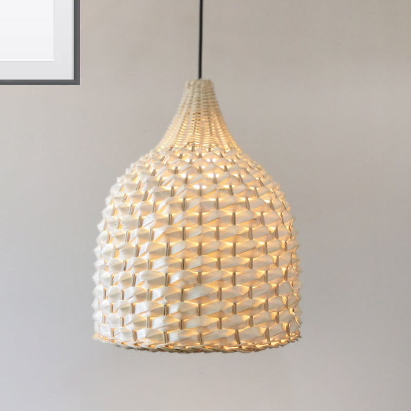 Bamboo Pendant Lighting - Modernist Basket Design 1 Bulb Hanging Light In Beige