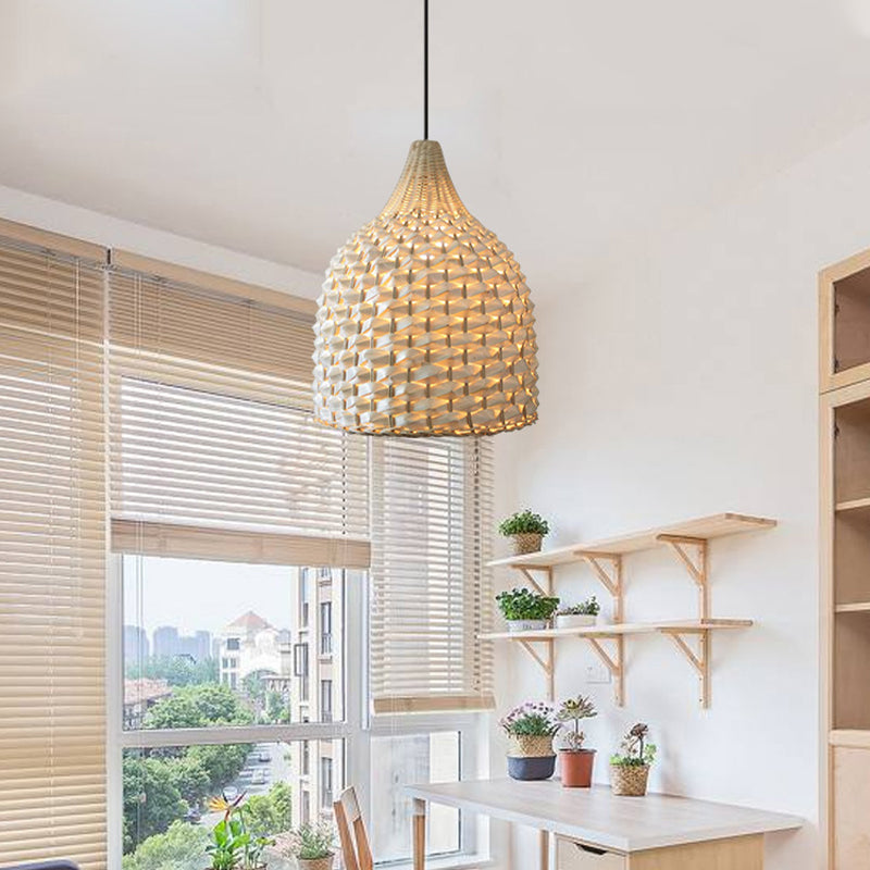 Bamboo Pendant Lighting - Modernist Basket Design 1 Bulb Hanging Light In Beige
