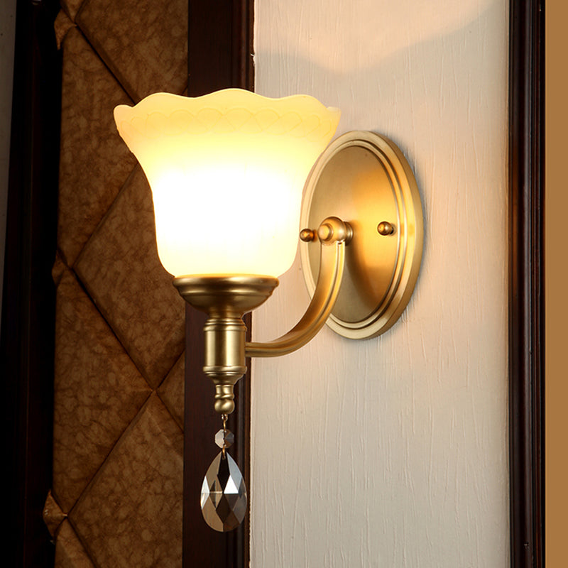 Vintage Brass Finish Wall Sconce With Frosted Glass Shade - Bedroom Mount Lamp
