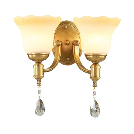 Vintage Brass Finish Wall Sconce With Frosted Glass Shade - Bedroom Mount Lamp