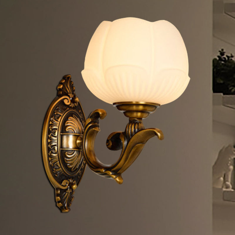 Vintage White Glass And Metal Lotus Shade Sconce Light With 1 Brass Finish Wall Lamp