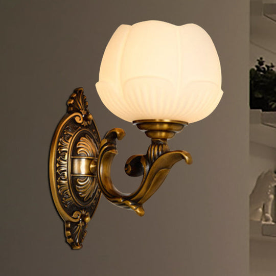 Vintage White Glass And Metal Lotus Shade Sconce Light With 1 Brass Finish Wall Lamp