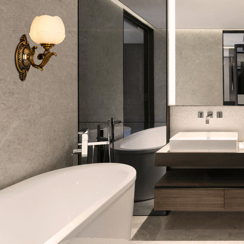 Vintage White Glass And Metal Lotus Shade Sconce Light With 1 Brass Finish Wall Lamp