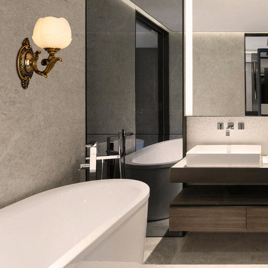 Vintage White Glass And Metal Lotus Shade Sconce Light With 1 Brass Finish Wall Lamp