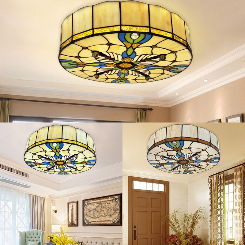 Tiffany Lodge Stained Glass Ceiling Light With Beige Shade - Perfect For Dining Room