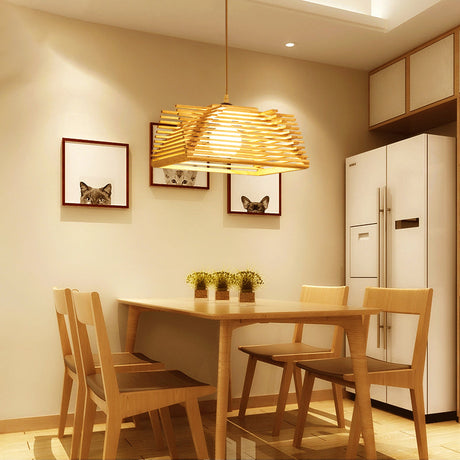 Wooden Shade Modernist Pendant Light Fixture - Beige Tapered Hanging Lamp (1 Bulb)