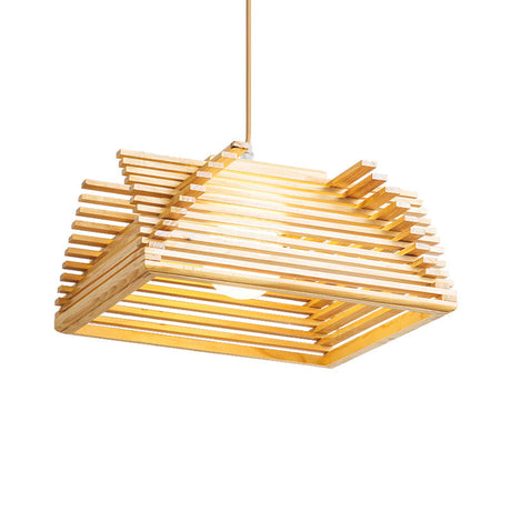 Wooden Shade Modernist Pendant Light Fixture - Beige Tapered Hanging Lamp (1 Bulb)