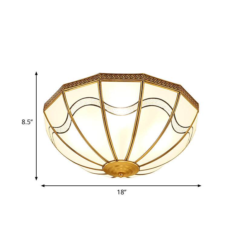 Brass Inverted Flush Ceiling Lamp With Milky Glass 4 Lights And Wave Pattern - Ideal For Bedrooms