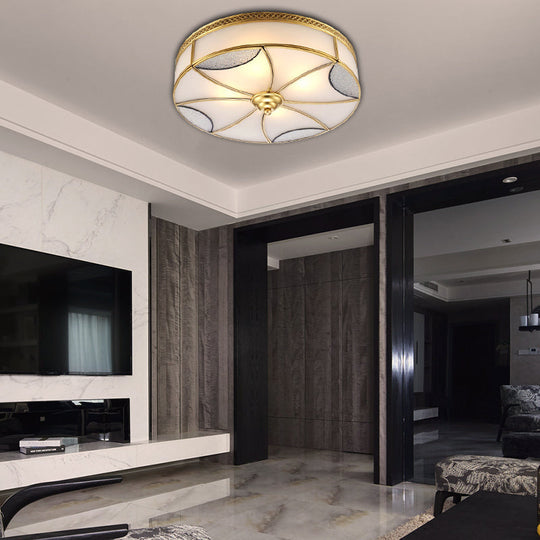 Vintage Brass Flushmount Light With Frosted Glass - 4 Lights Round Ceiling Mount For Living Room
