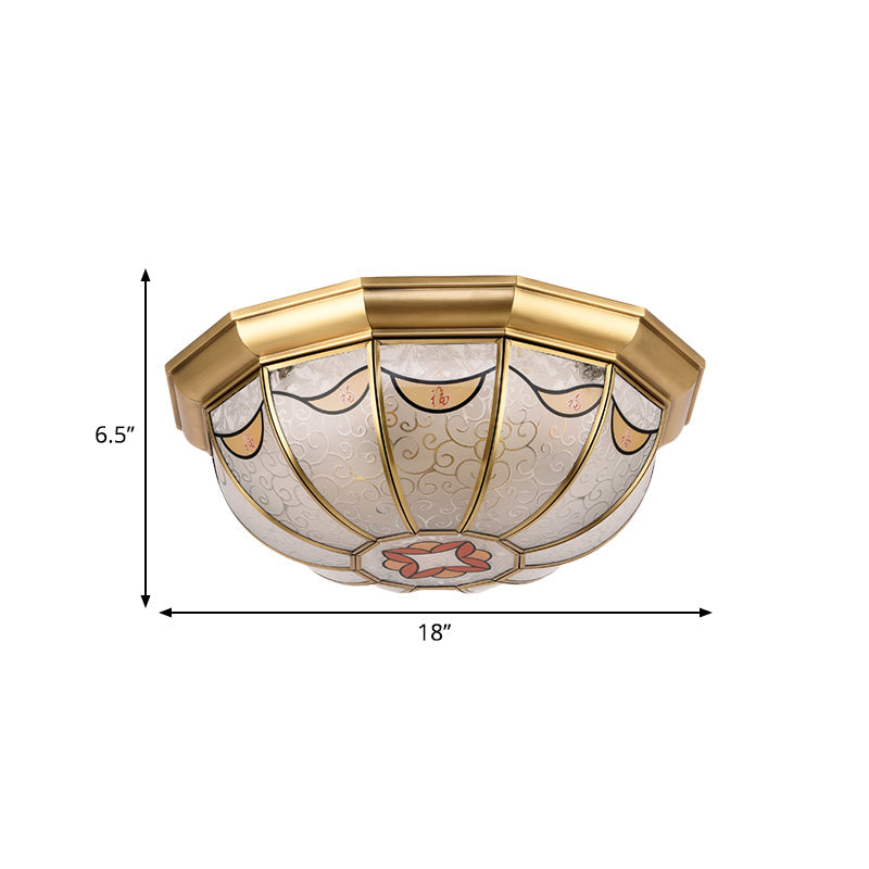 Traditional Brass Domed Shade Flush Ceiling Light With Frosted Glass - 4-Light Mount For Dining