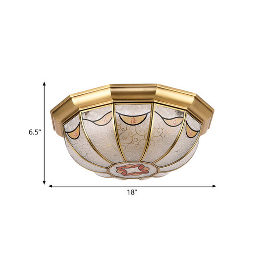 Traditional Brass Domed Shade Flush Ceiling Light With Frosted Glass - 4-Light Mount For Dining