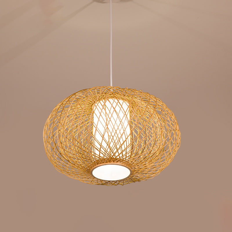 Rustic Bamboo Lantern Pendant Light For Teahouse - Wooden Ceiling Lamp With 1 Bulb Wood