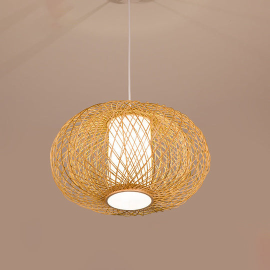 Rustic Bamboo Lantern Pendant Light For Teahouse - Wooden Ceiling Lamp With 1 Bulb Wood