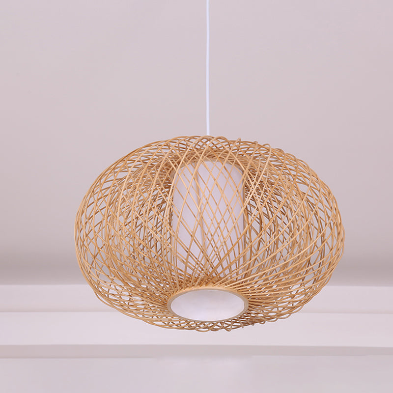 Rustic Bamboo Lantern Pendant Light For Teahouse - Wooden Ceiling Lamp With 1 Bulb