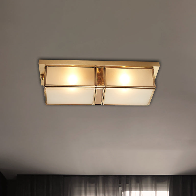 Classic Frosted Glass 4-Light Brass Rectangle Flush Mount Fixture For Living Room