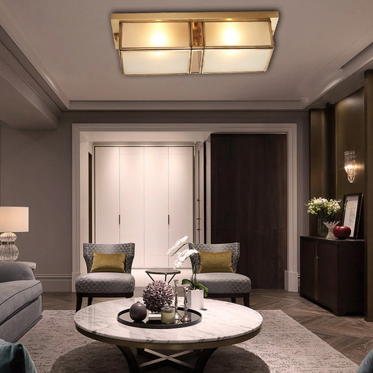 Classic Frosted Glass 4-Light Brass Rectangle Flush Mount Fixture For Living Room