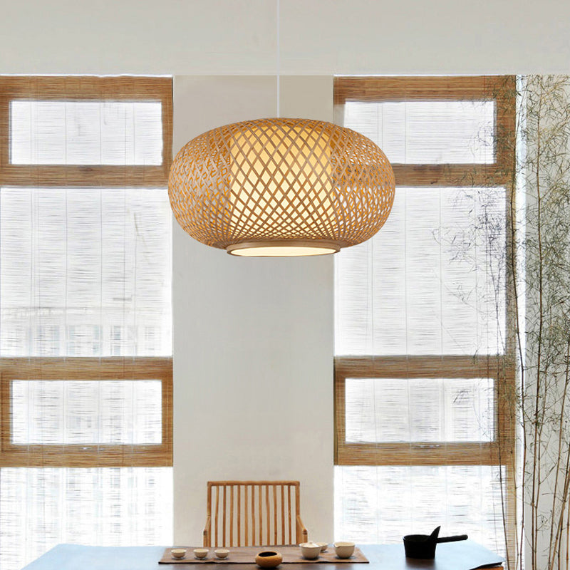 Bamboo Pendant Light With Pumpkin Design Perfect For Restaurant - 1 Bulb Hanging Kit