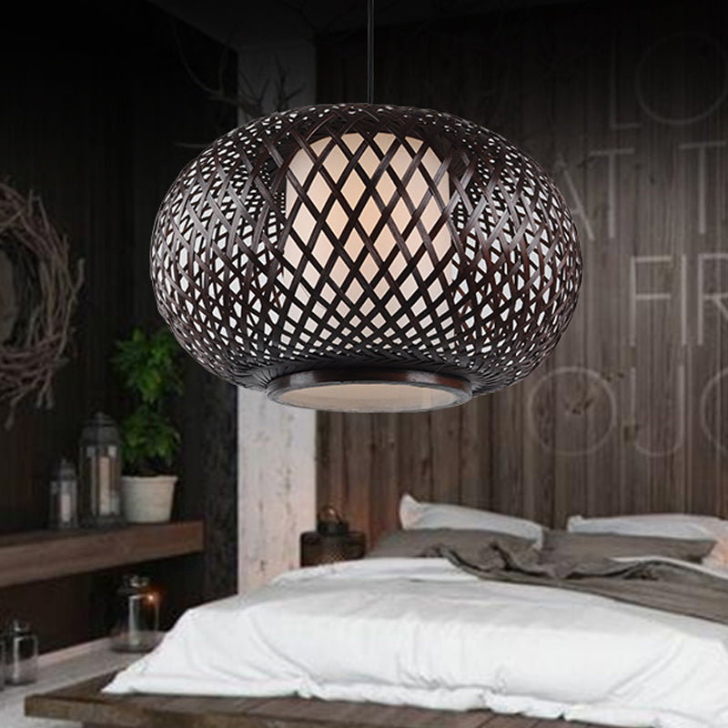 Bamboo Pendant Light With Pumpkin Design Perfect For Restaurant - 1 Bulb Hanging Kit
