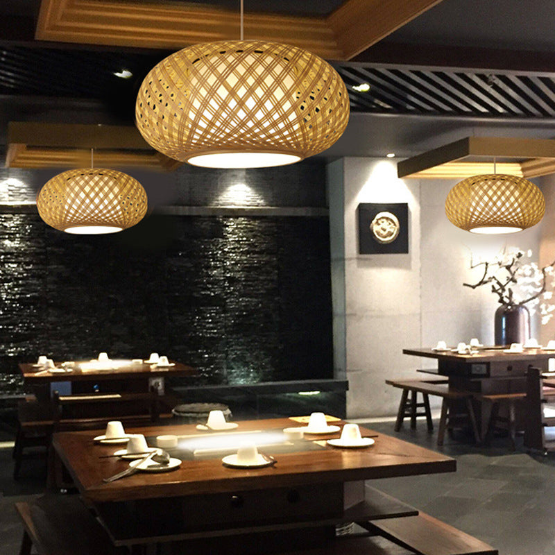 Asian Wood Pendant Light With Lantern Bamboo Shade For Tearoom Ceiling