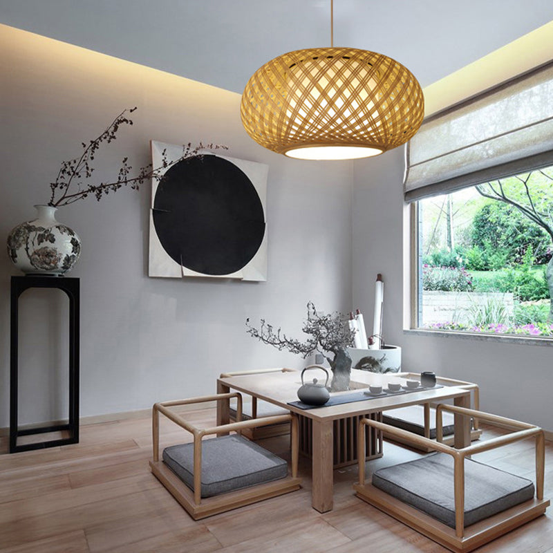 Asian Wood Pendant Light With Lantern Bamboo Shade For Tearoom Ceiling