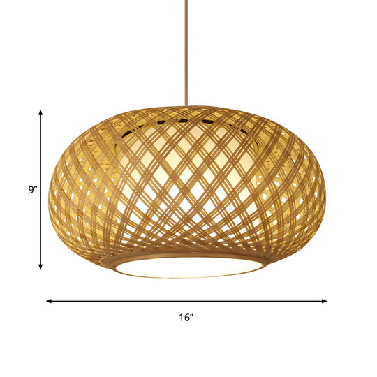 Asian Wood Pendant Light With Lantern Bamboo Shade For Tearoom Ceiling