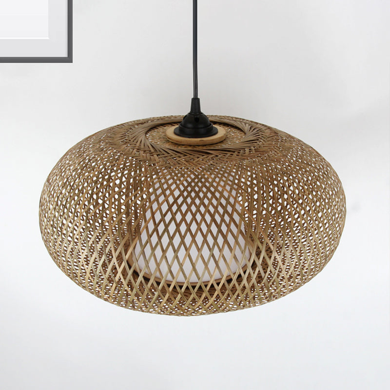 Curved Bamboo Pendant Drum Light With Tradition Design - 12’/14’/16’ Wide Hanging Lamp Kit